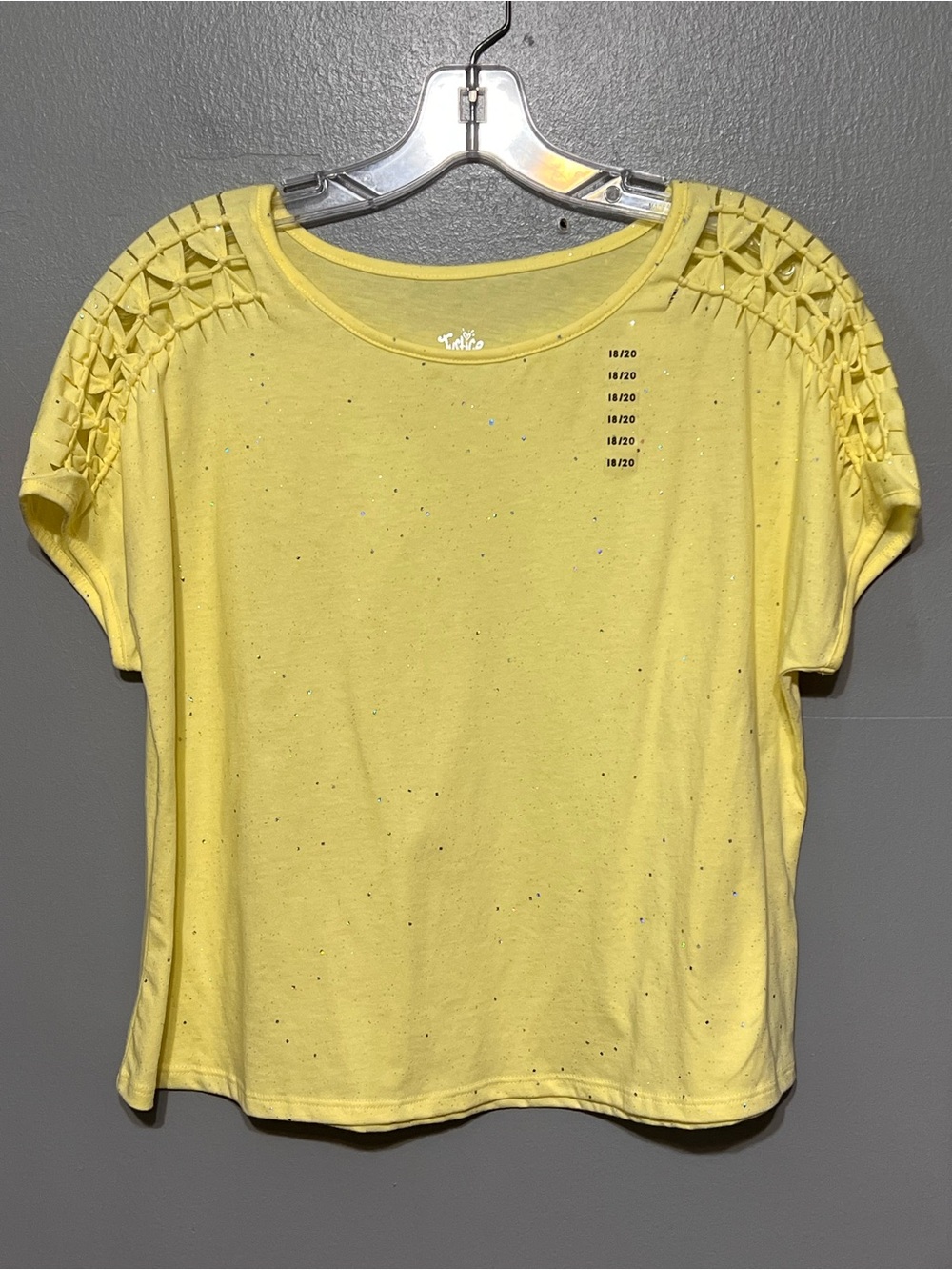 Justice Girls Yellow Glitter Sparkle Top Cutout Shoulder Cropped Tee 18/20 Y2K